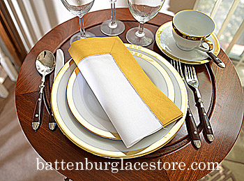 White Hemstitch Dinner Napkin with Honey Gold border - Click Image to Close